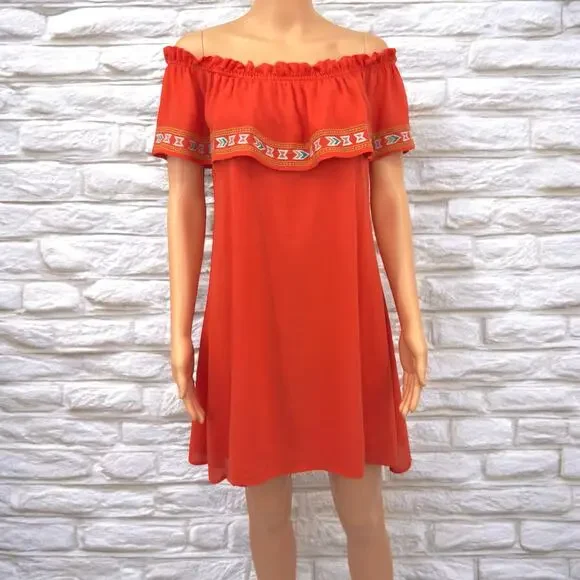 THML Orange Embroidered Off Shoulder Ruffle Mini Dress Aztec Festival Beach M - Picture 13 of 13
